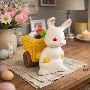 Vintage Hand Made Easter Bunny Lidded Container - Hand Painted Folk Art Rabbit